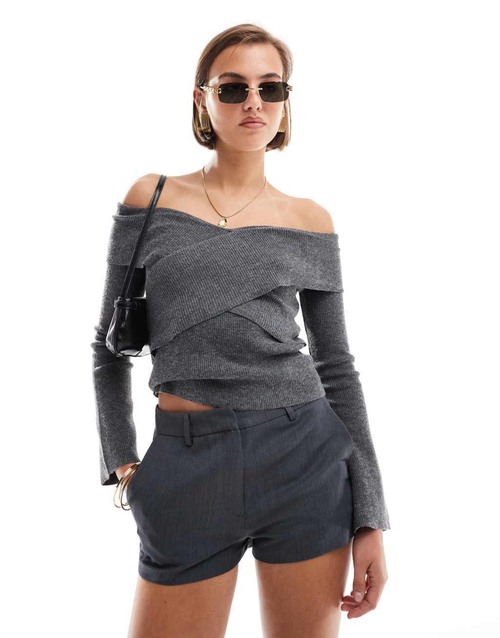 Pretty Lavish cross-over knit top in dark gray Product Image