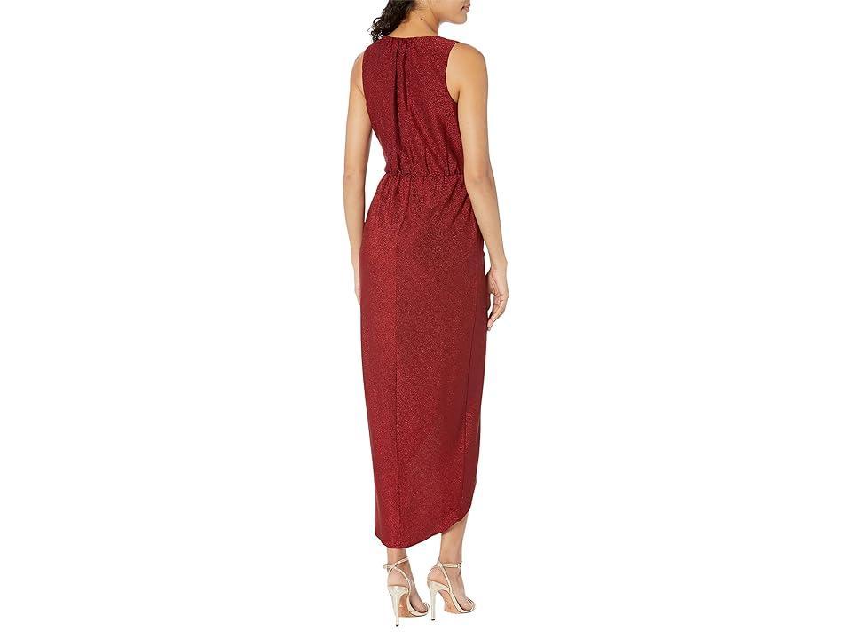 Calvin Klein V-Neck Glitter Knit Gown with Ruched Front Red) Women's Dress Product Image