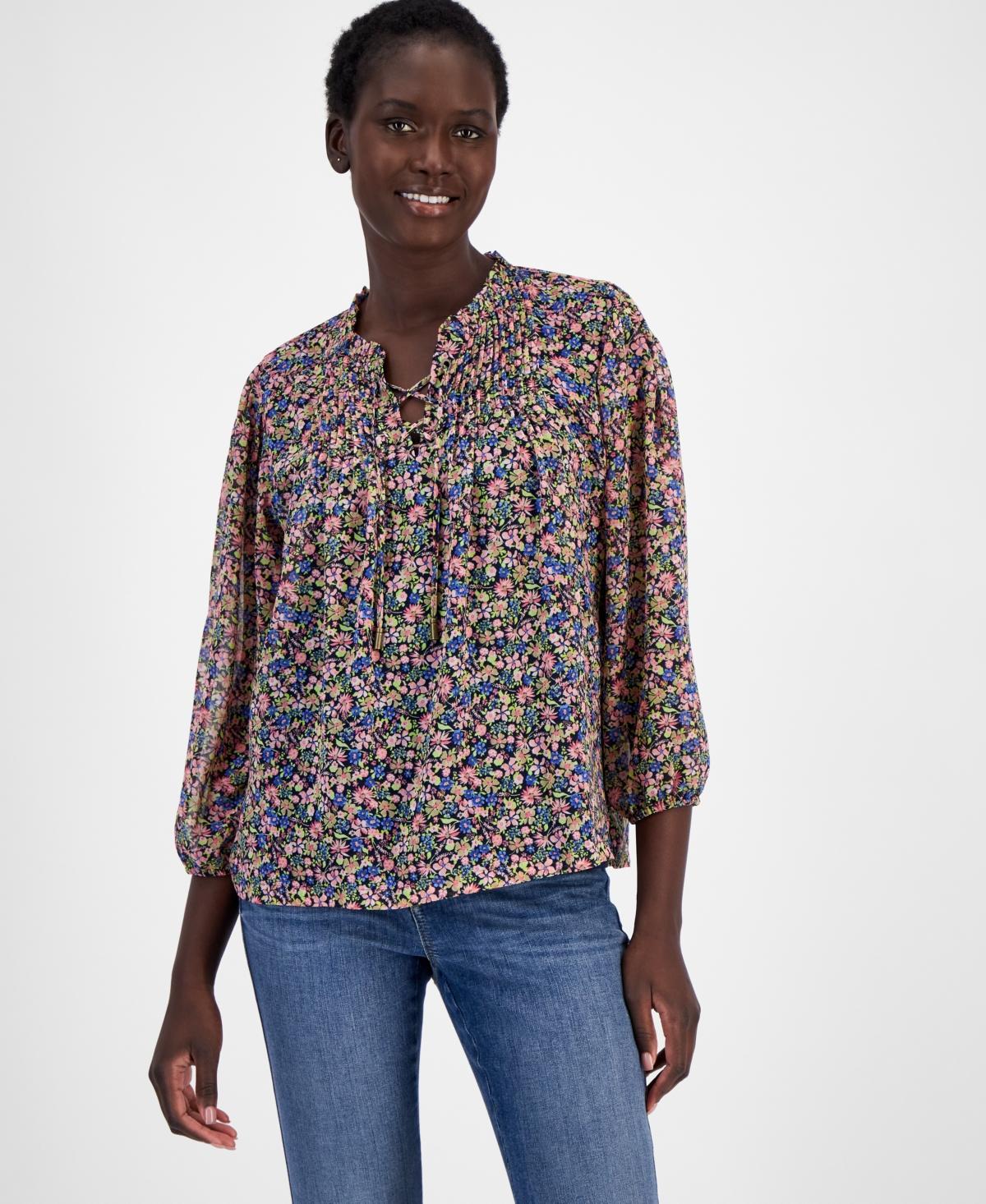 Nautica Jeans Womens Floral-Print Lace-Up Pleated Top Product Image