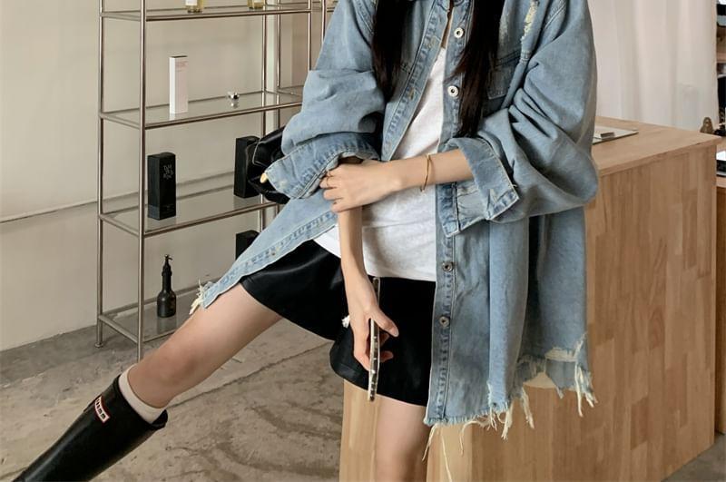 Washed Frayed Distressed Button-Up Denim Shirt Jacket Product Image