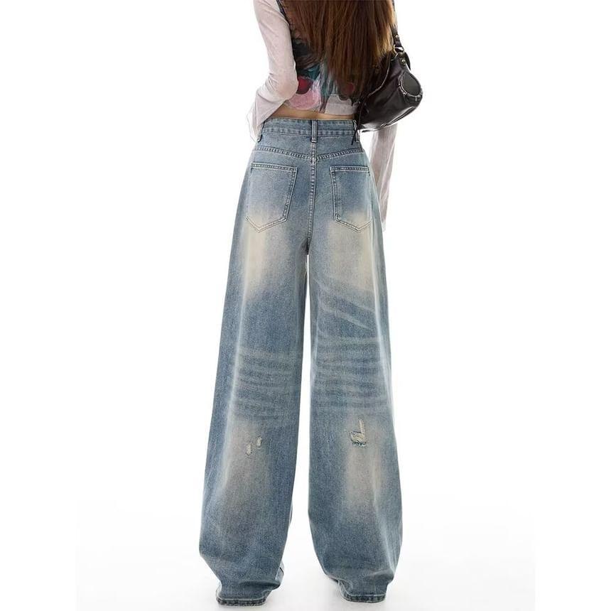 High Waist Distressed Washed Wide Leg Jeans Product Image