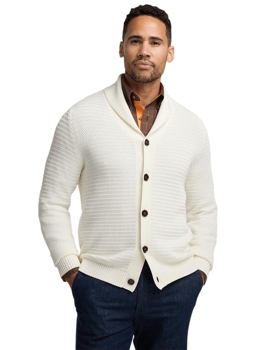 Cotton Button Front Shawl Collar Cardigan Sweater - Ivory Product Image