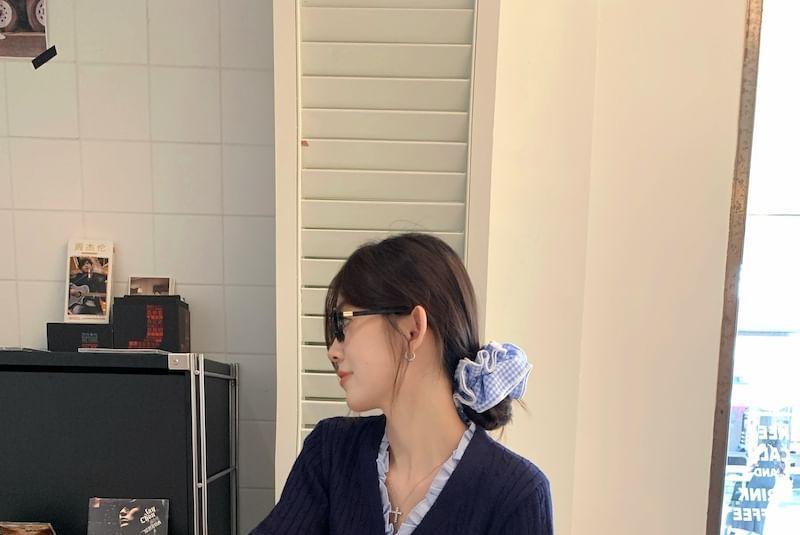 Long-Sleeve V-Neck Bow Frill Trim Button Cable Knit Top / High Rise Plain Accordion Pleated Mini A-Line Skirt Product Image