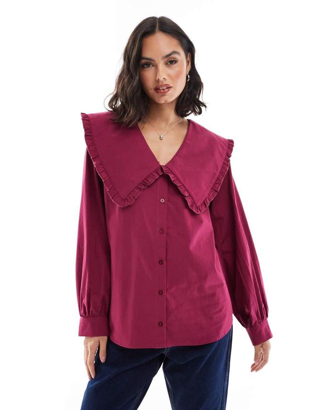 ASOS DESIGN oversized shirt with plunge pie crust collar in burgundy Product Image