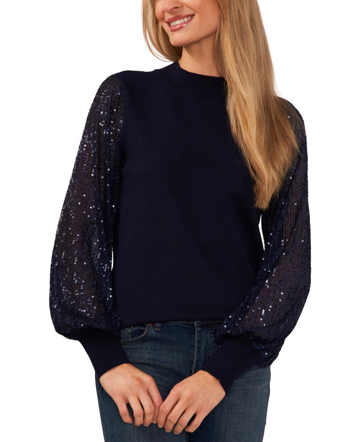 CeCe Womens Sheer-Sequin-Sleeve Mock-Neck Cotton Sweater Product Image