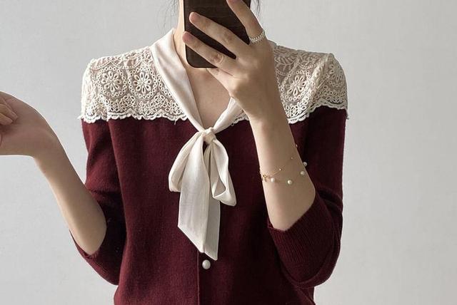 Tie-Neck Lace Panel Cardigan Product Image