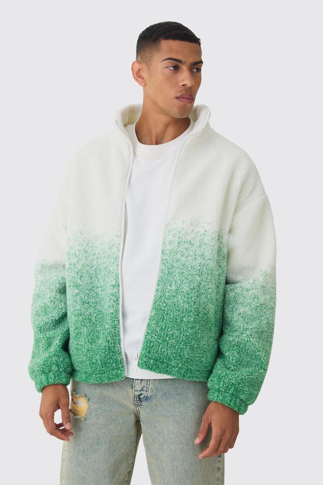 Oversized Ombre Borg Funnel Neck Jacket In Green | boohooMAN USA Product Image