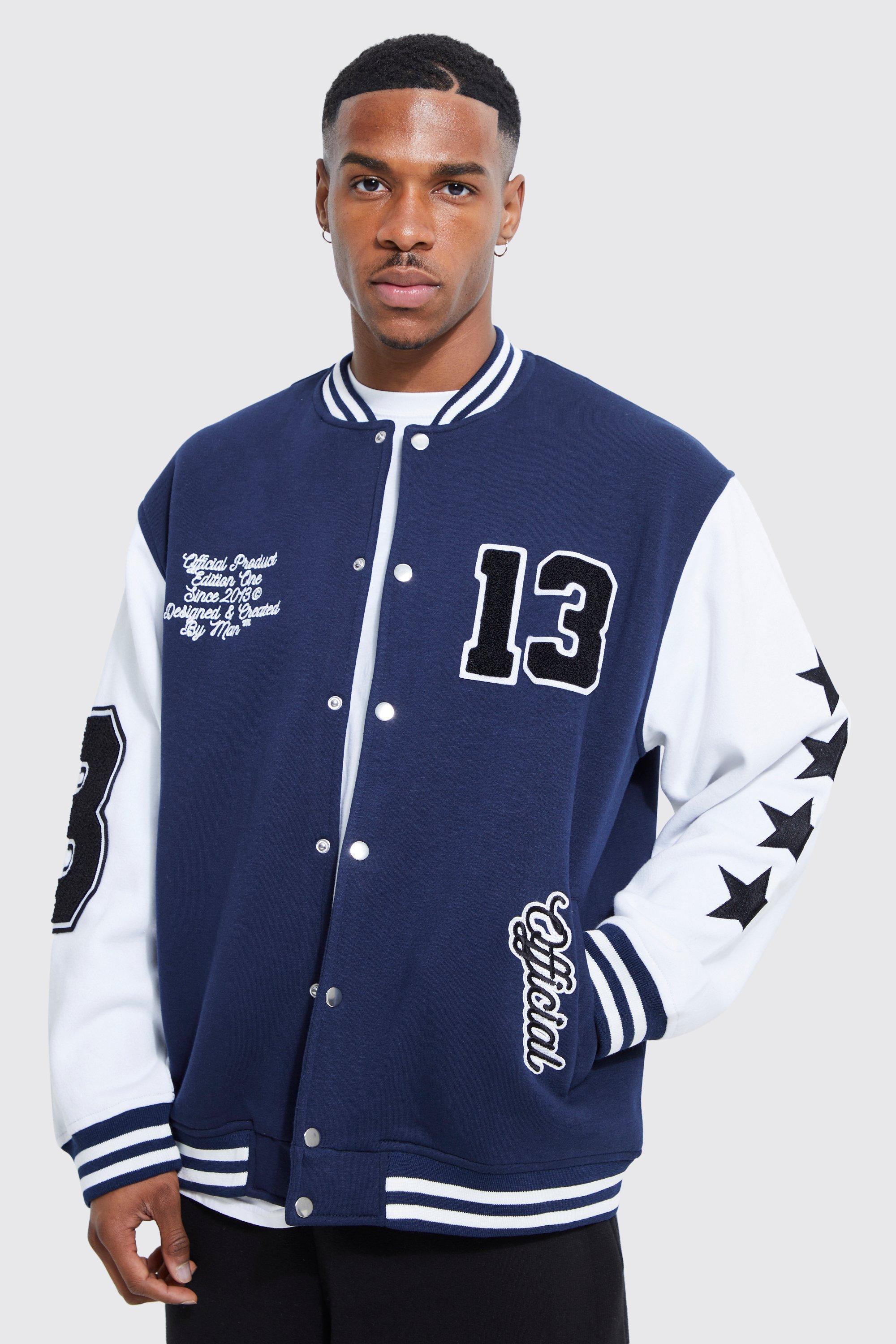 Oversized Badge Jersey Varsity Jacket | boohooMAN USA Product Image