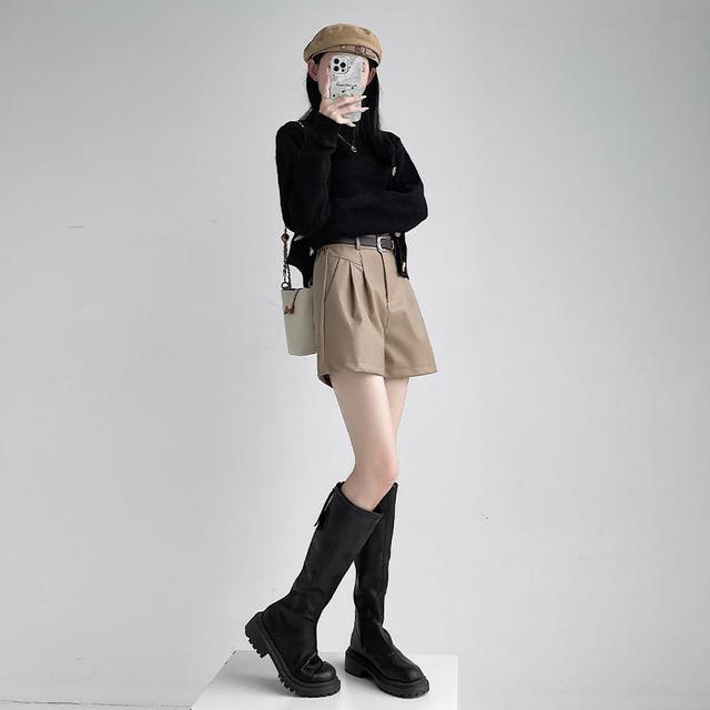 High Waist Faux Leather Plain Shorts Product Image