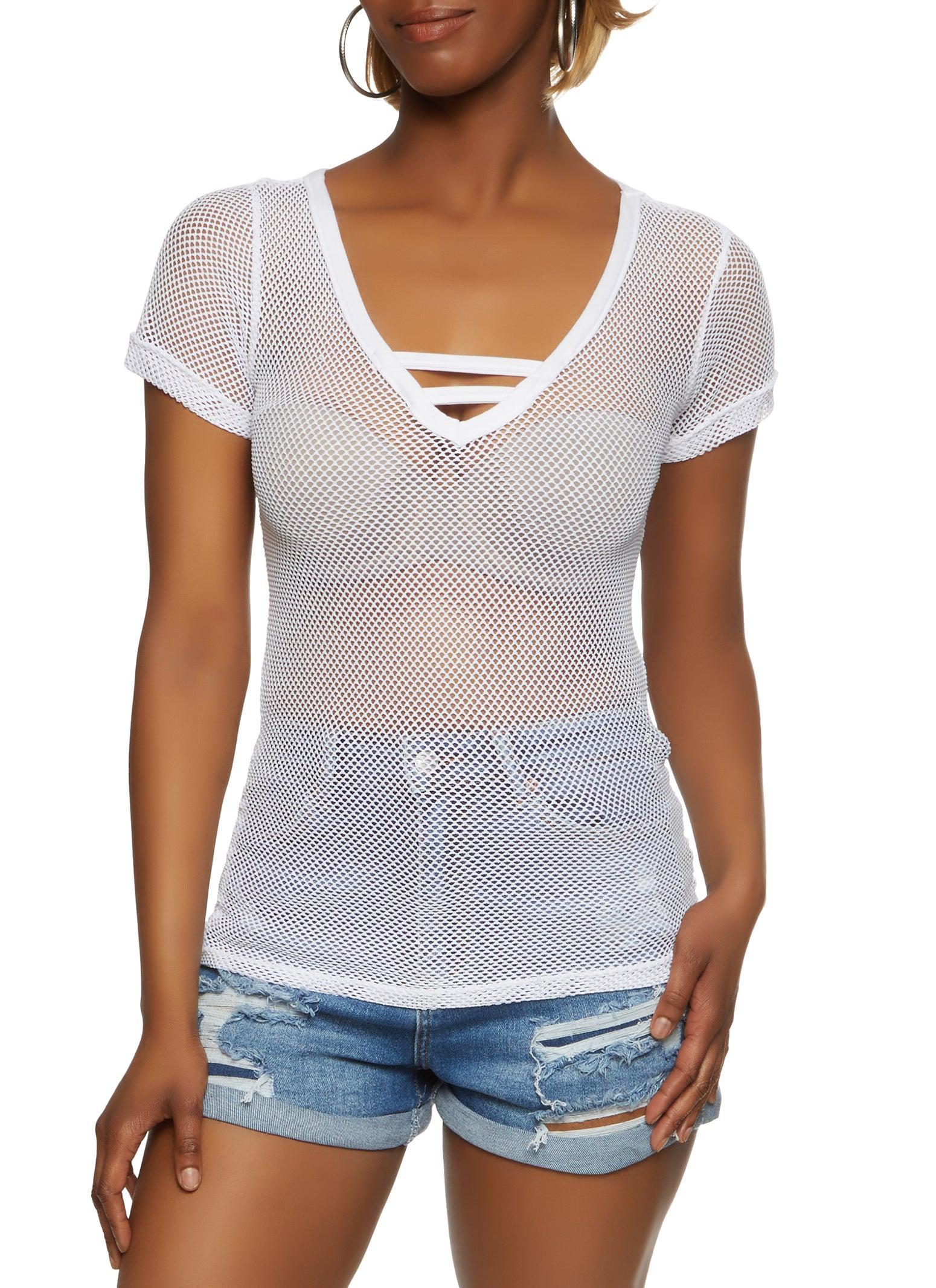 Womens Fishnet Caged V Short Sleeve Top Product Image