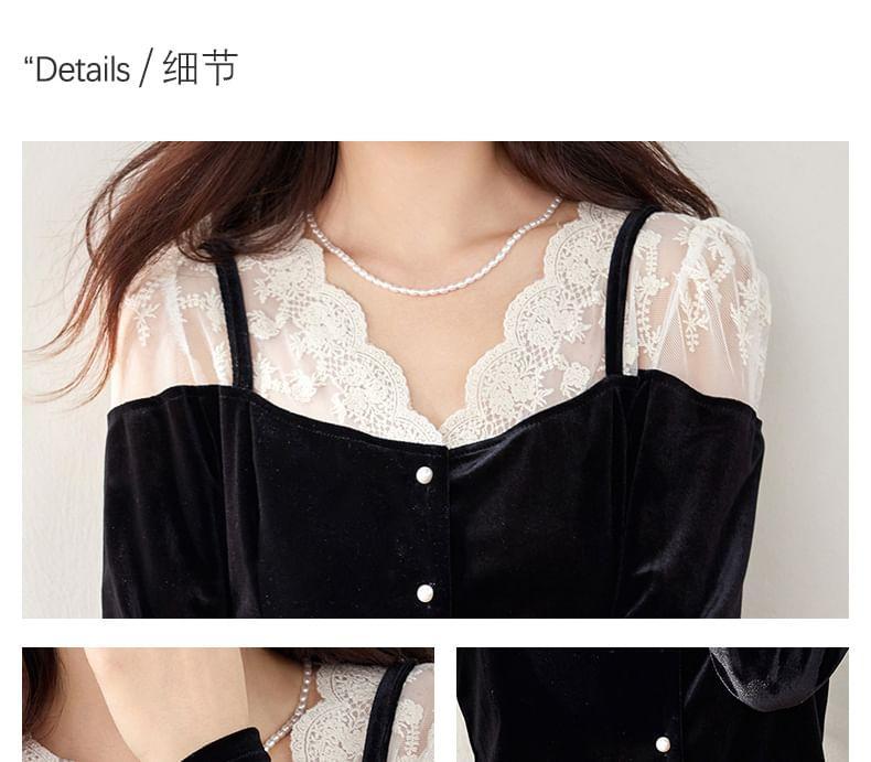 Long-Sleeve V-Neck Lace Panel Top Product Image