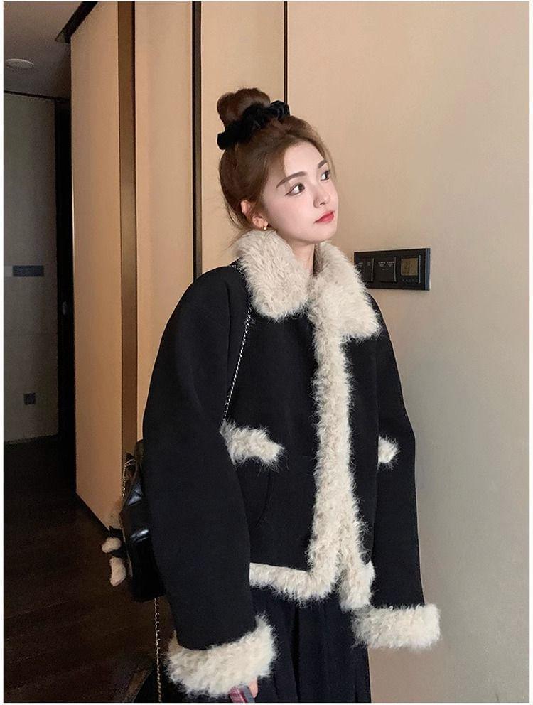 Collared Plain Fluffy Trim Coat Product Image