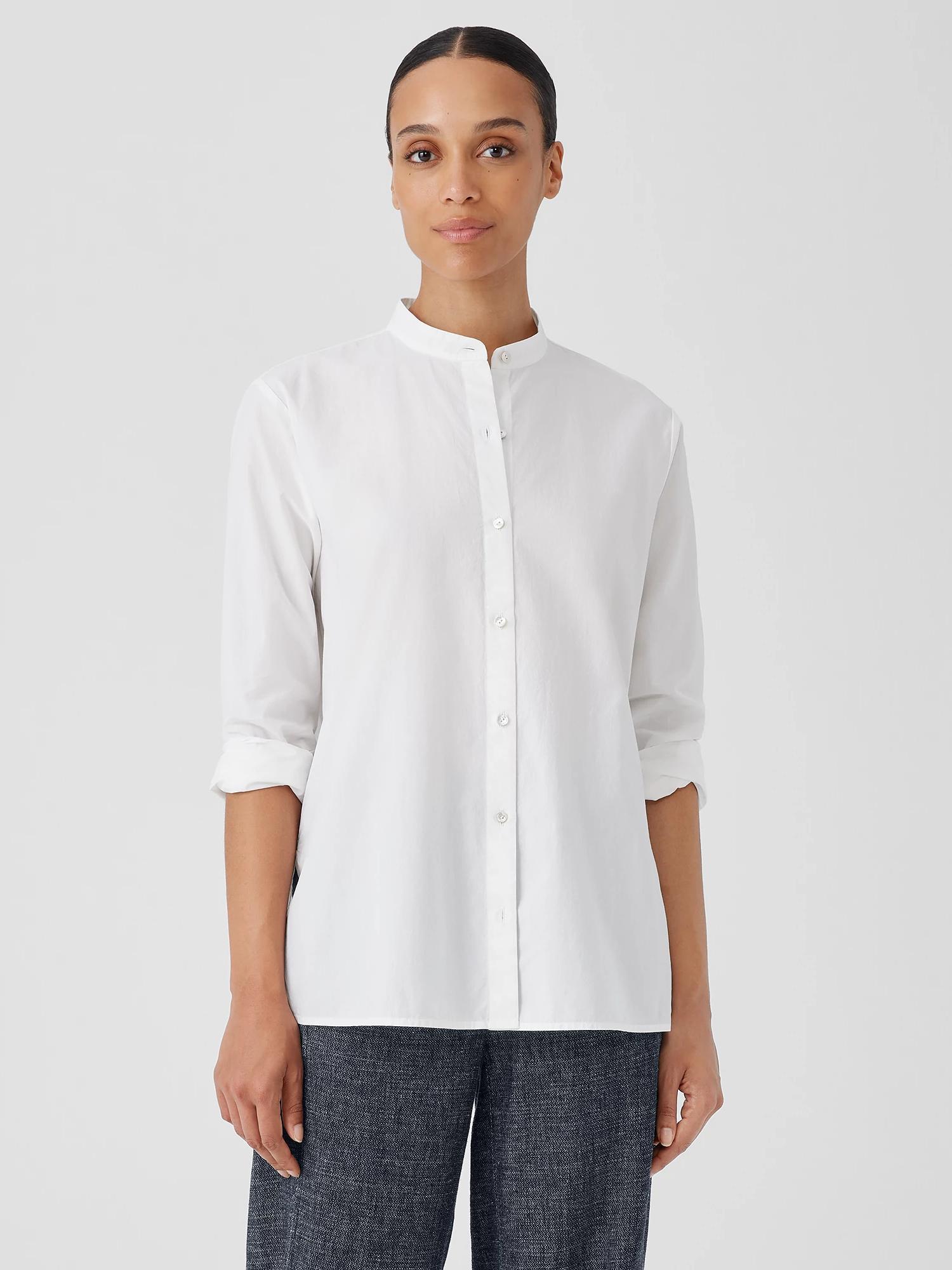 EILEEN FISHER Washed Organic Cotton Poplin Band Collar Shirtfemale product image