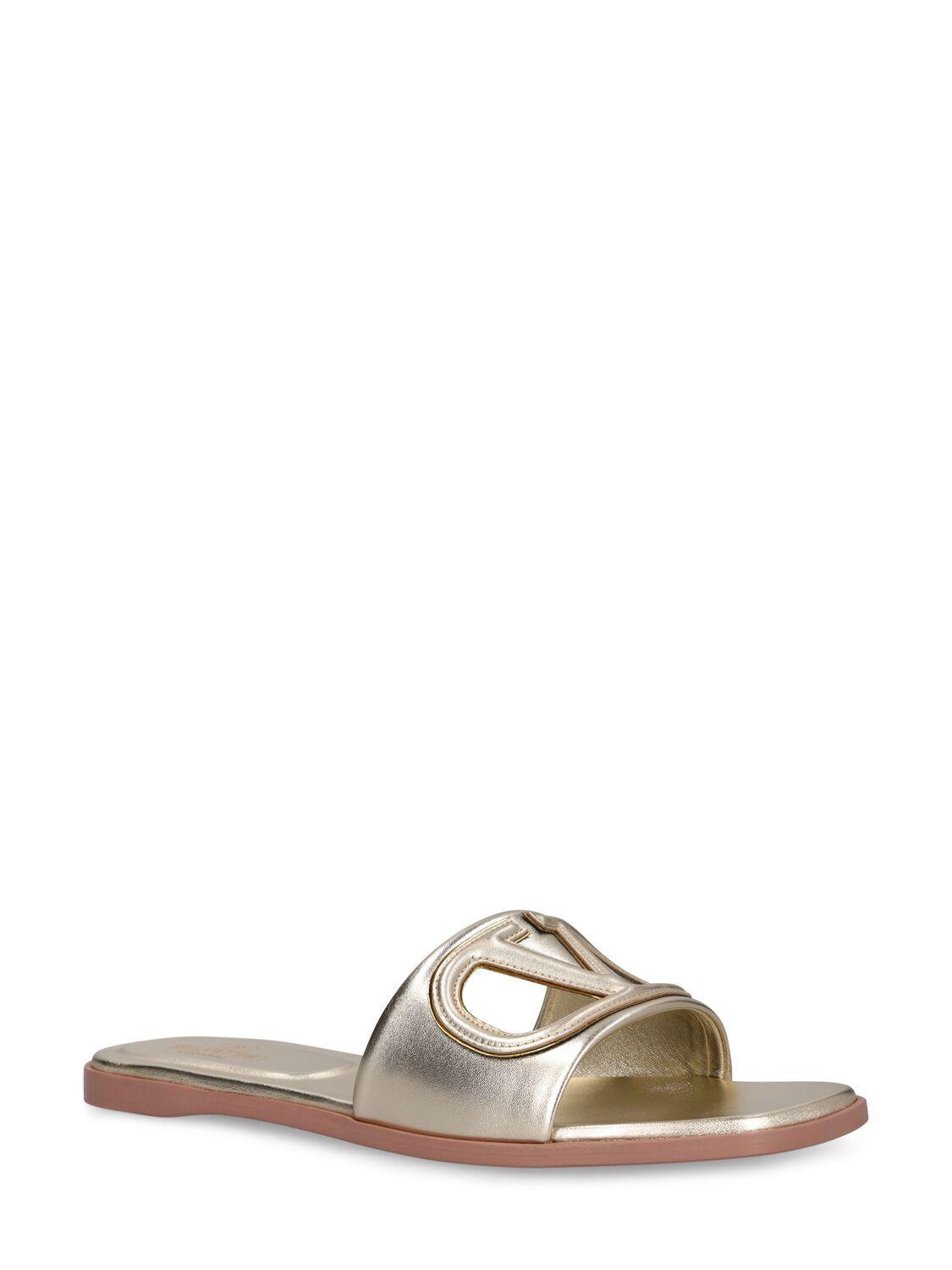 VALENTINO GARAVANI Gold Vlogo Cutout Laminated Nappa Leather Sandals In Platinum Antique Brass Product Image