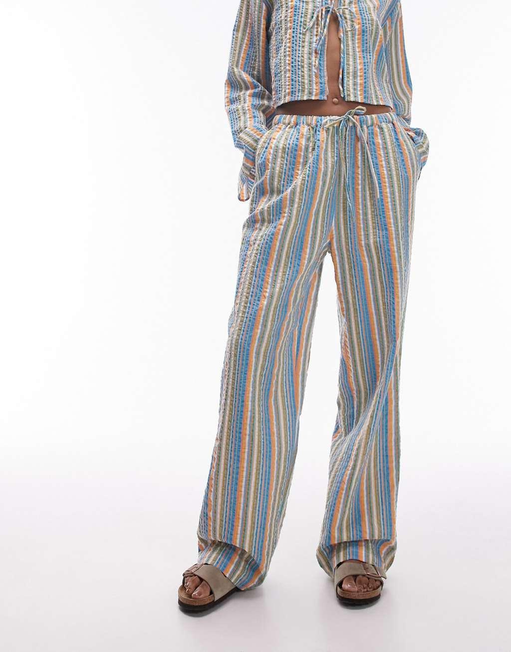 Topshop seersucker striped wide leg beach pants in multi - part of a set Product Image