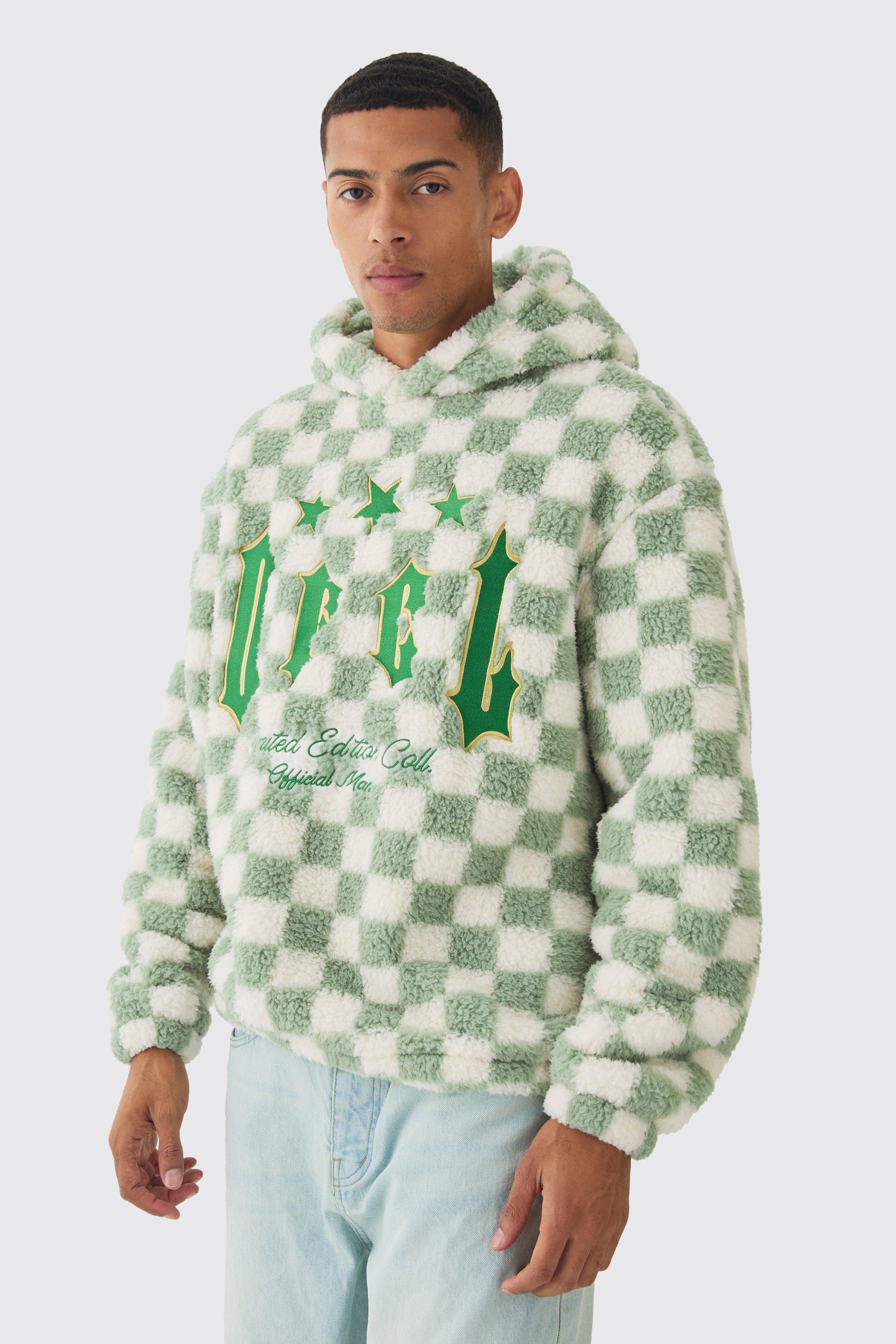 Oversized Ofcl Graphic Applique Checkerboard Teddy Borg Hoodie | boohooMAN USA Product Image