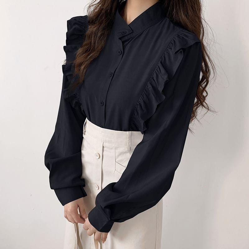 Band Collar Plain Ruffle Trim Shirt Product Image