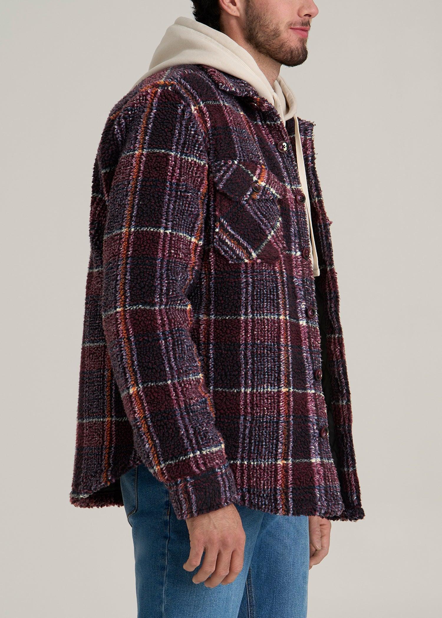 Tall Men's Sherpa Shirt Jacket in Burgundy and Navy Plaid Male Product Image