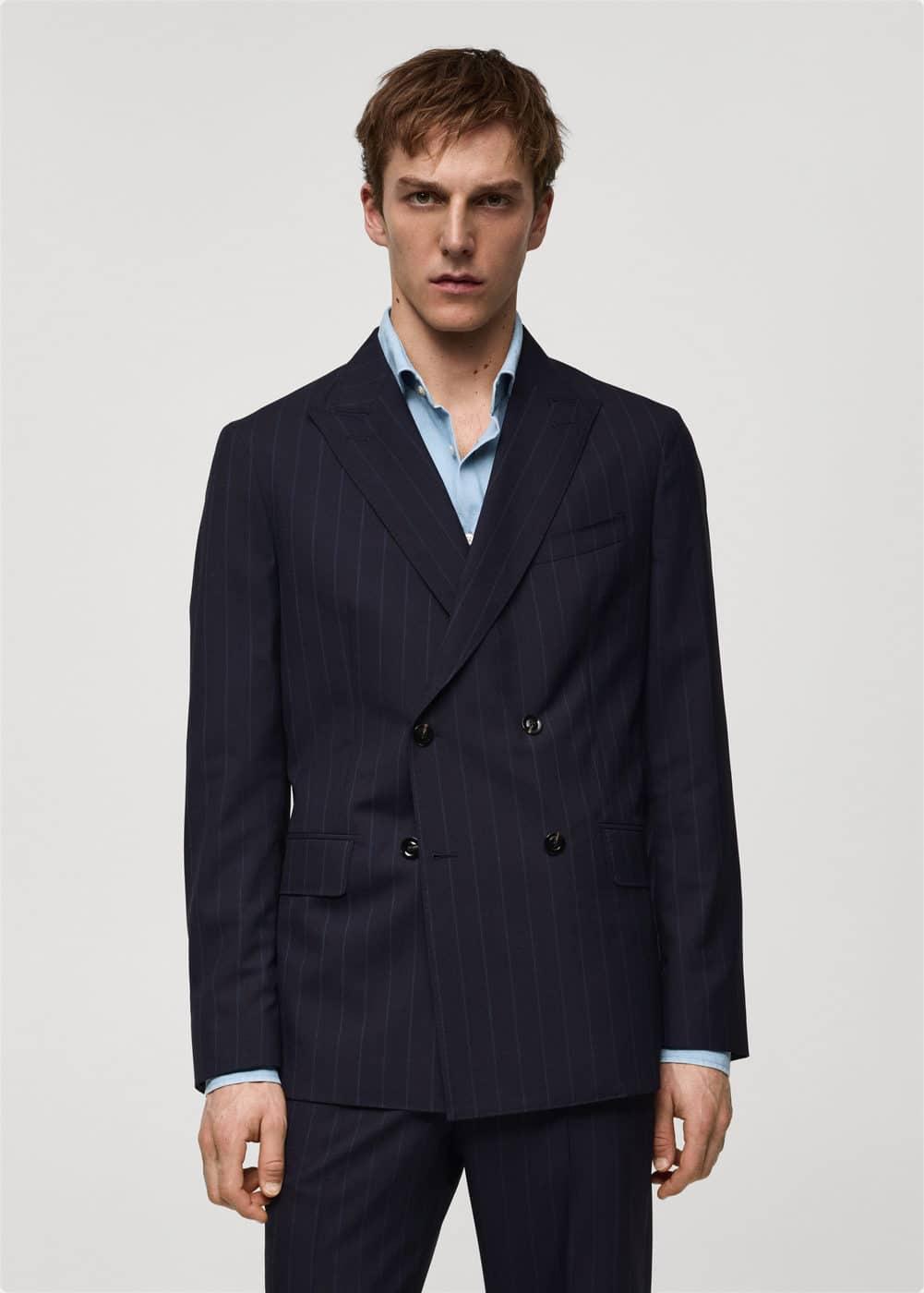 MANGO MAN - Wool pinstripe double-breasted suit blazer dark navyMen Product Image