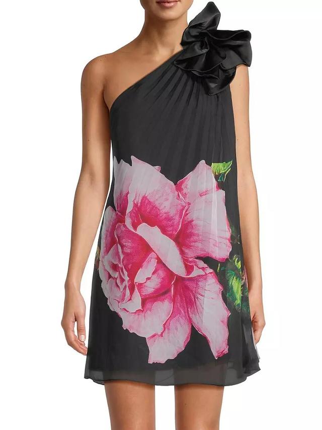 Floral Graphic Pleated Chiffon One-Shoulder Minidress Product Image