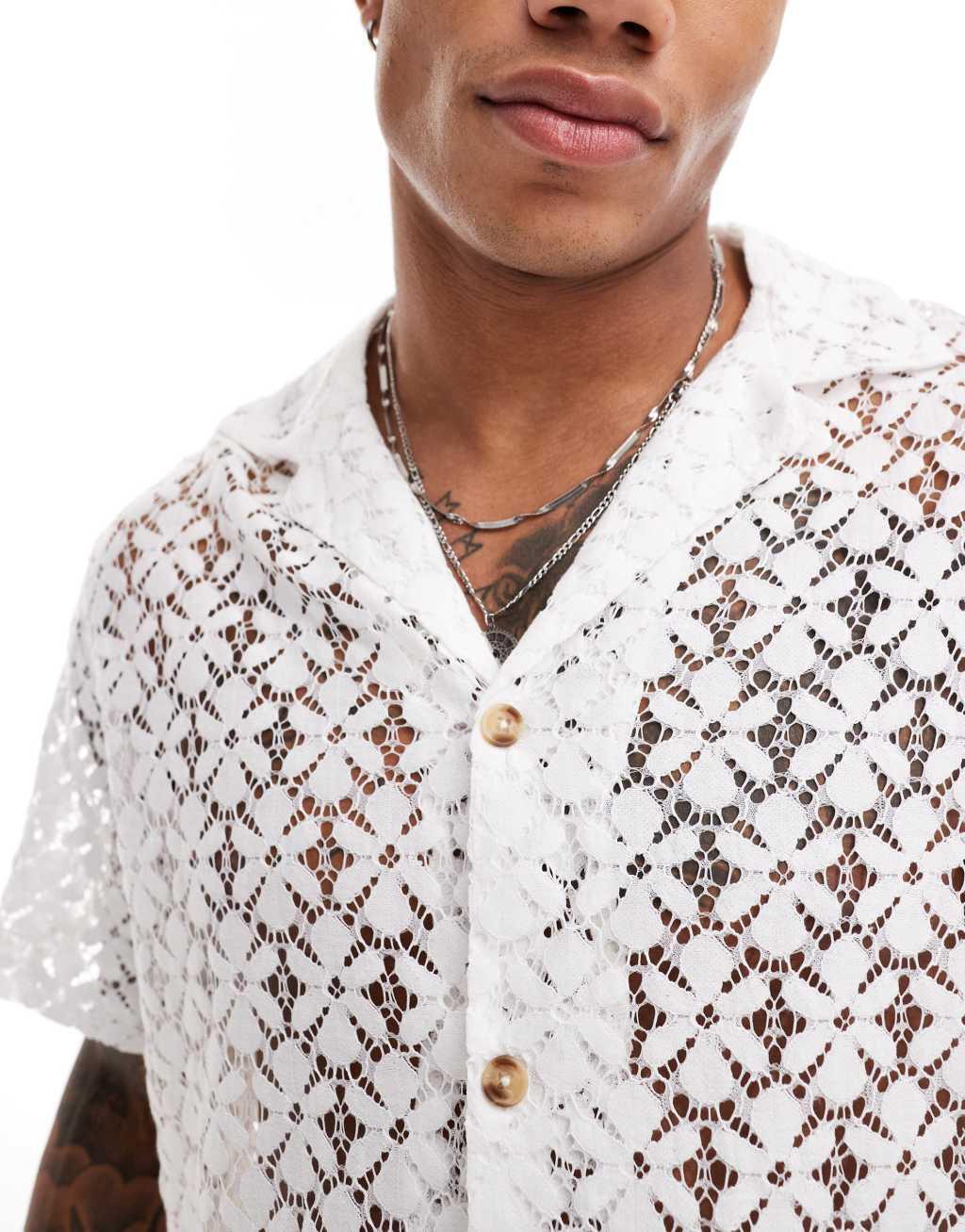 ASOS DESIGN short sleeve relaxed fit deep revere collar flower lace shirt in white Product Image