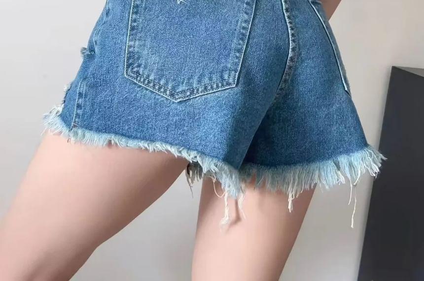 Low Rise Distressed Denim Hot Pants Product Image