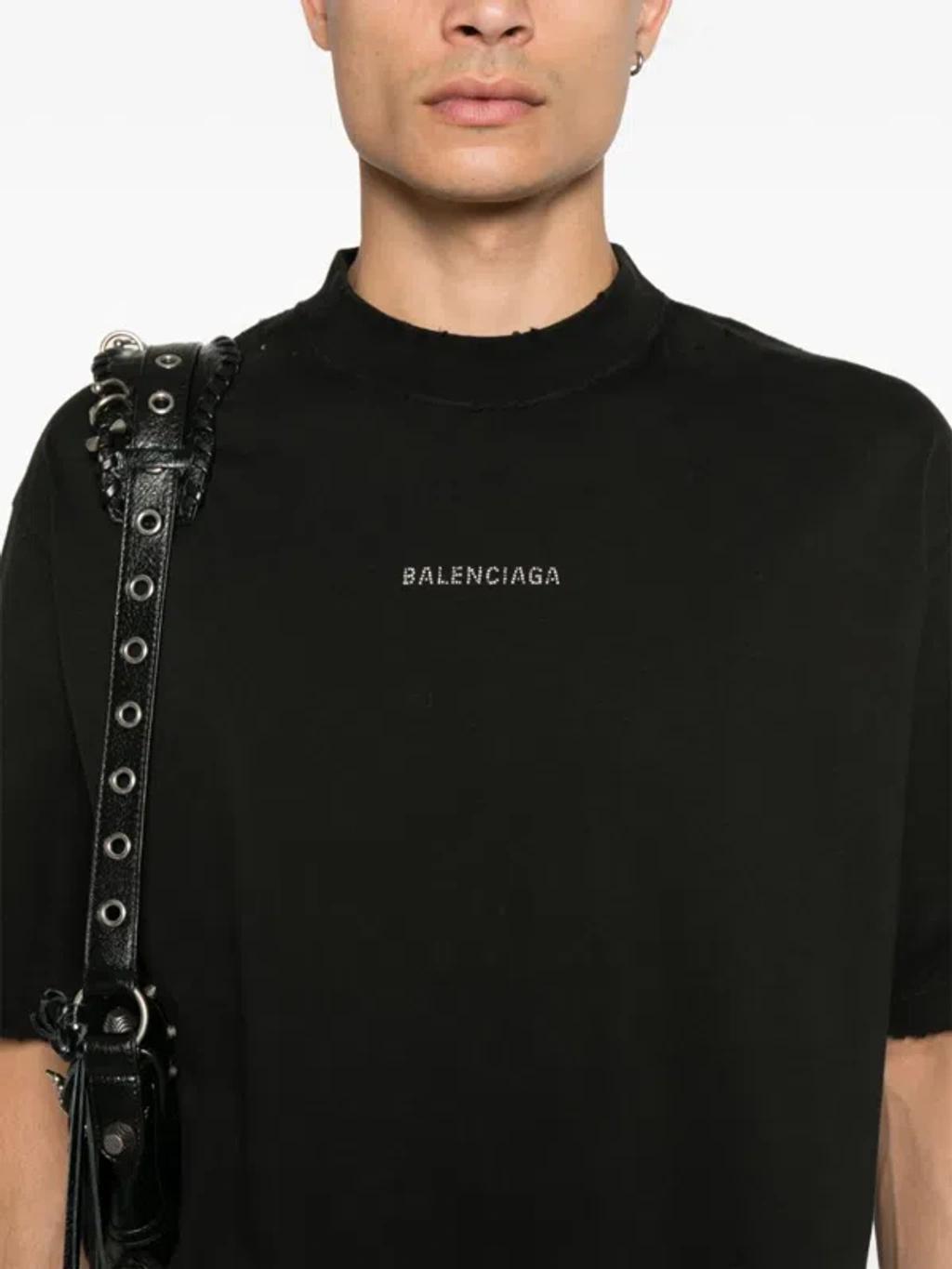 BALENCIAGA Short Sleeves Cotton Jersey Top With Rhinestone Logo In Black Product Image