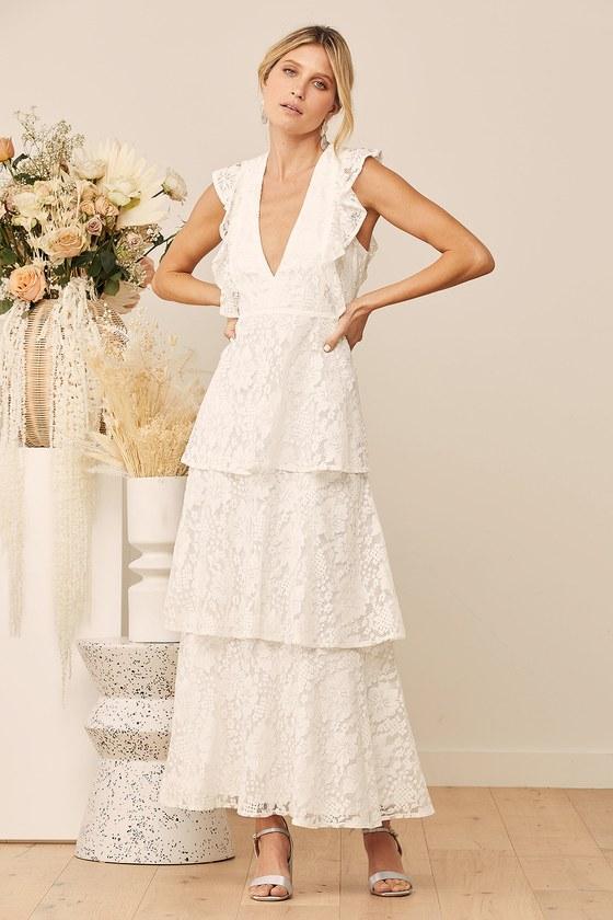 Molinetto White Lace Ruffled Tiered Sleeveless Maxi Dress Product Image