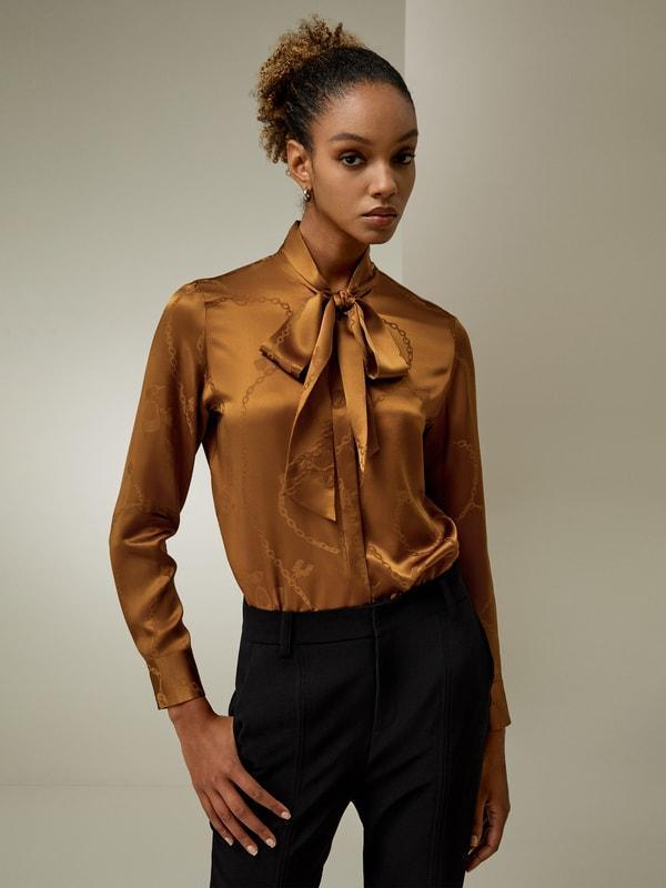 Jacquard-wave Silk Blouse with Bow product image