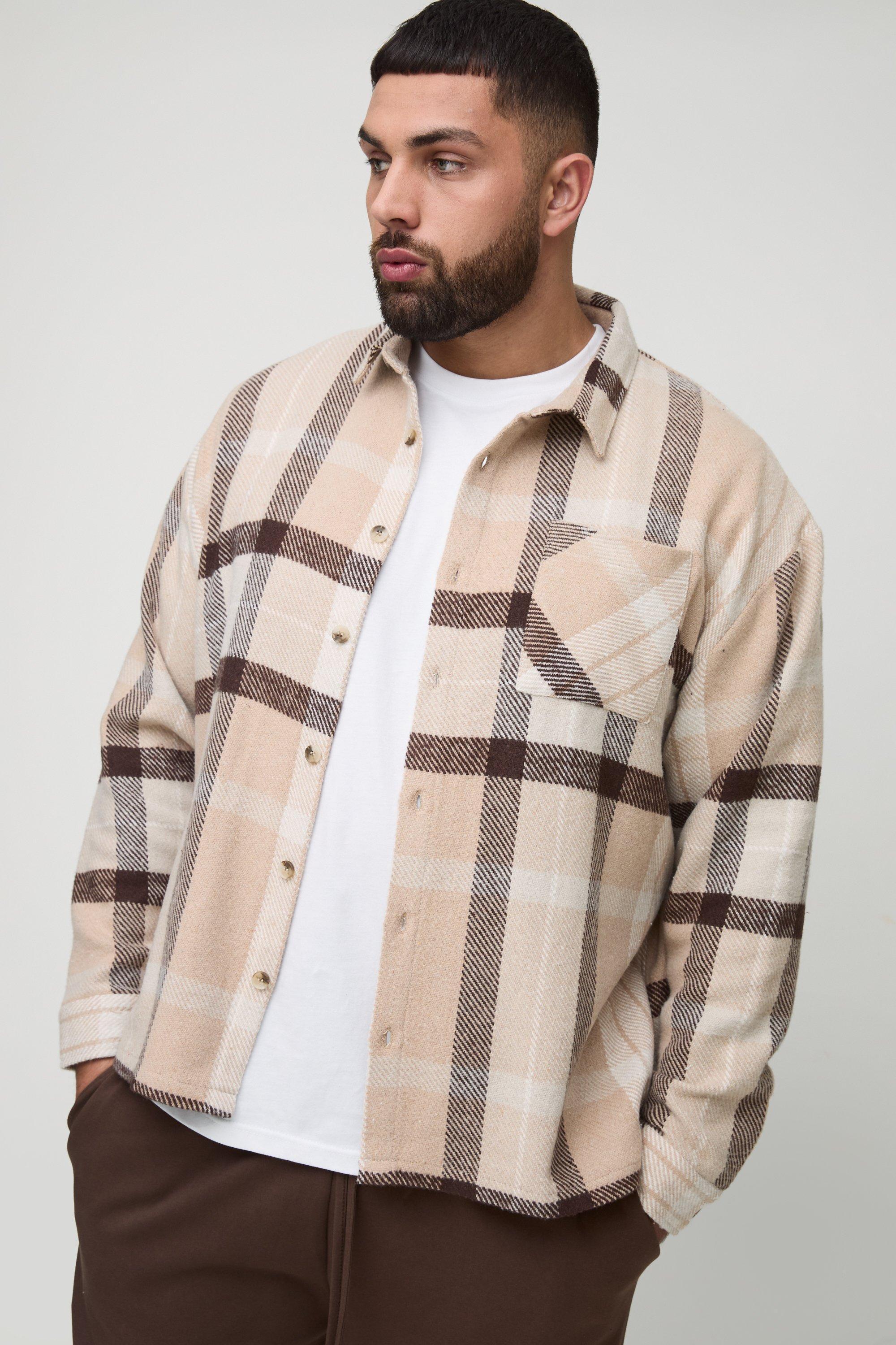 Plus Boxy Split Hem Brushed Flannel Shirt Jacket | boohooMAN USA Product Image