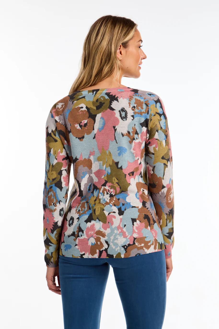 V Neck Floral Knit Sweater Product Image