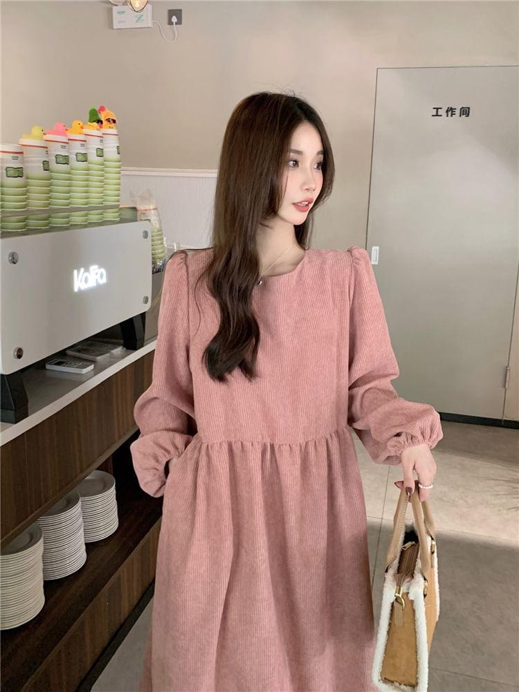 Long Sleeve Round Neck Plain Corduroy A-Line Midi Dress Product Image