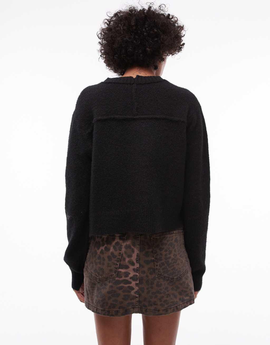 Topshop knit crew with raglan and exposed seam sweater in black Product Image