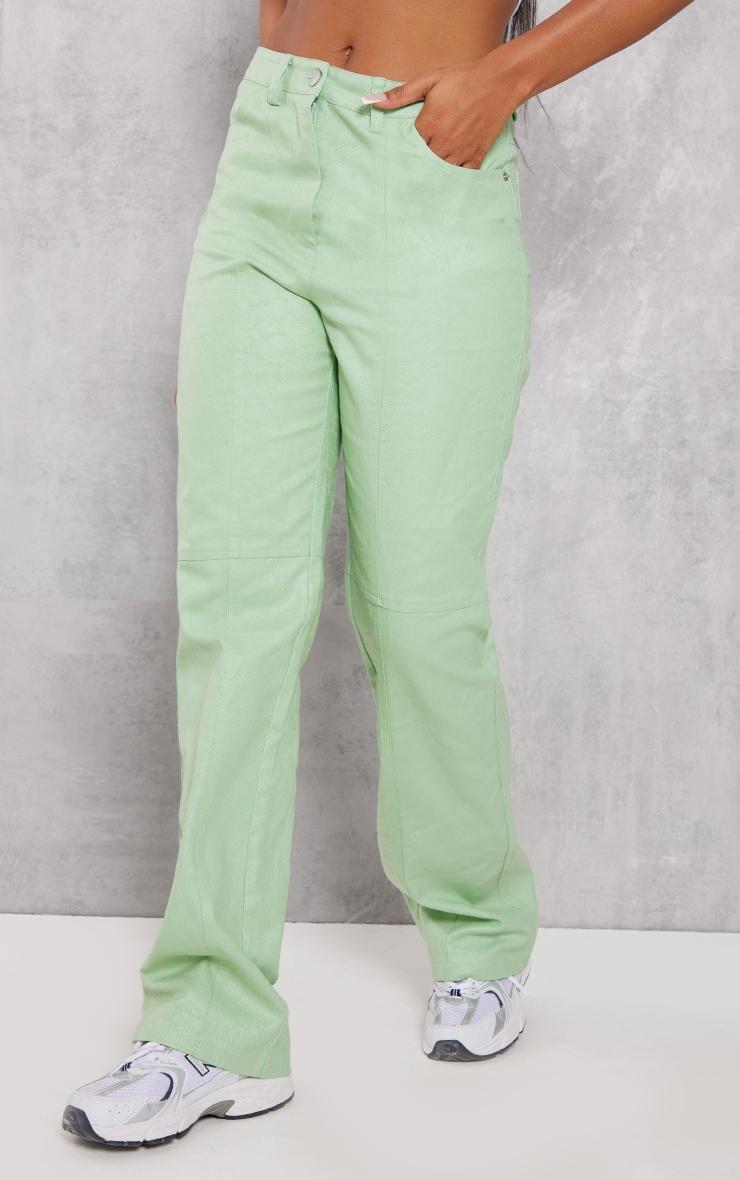 Green Waxed Denim Seam Detail Straight Leg Jeans Product Image