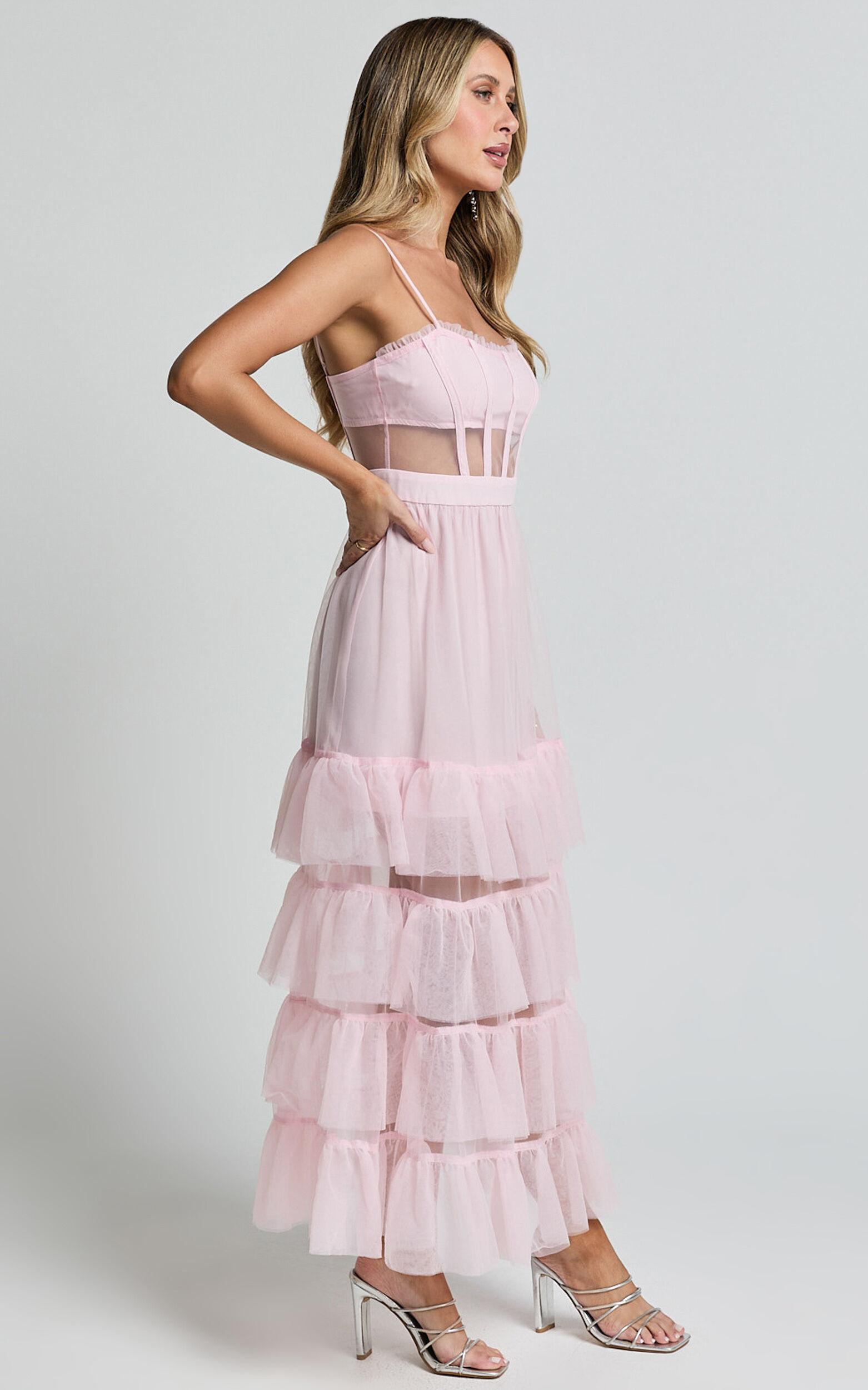 Evelynn Maxi Dress - Sweetheart Corset Bodice Fit & Flare Tiered in Ballet Pink Product Image