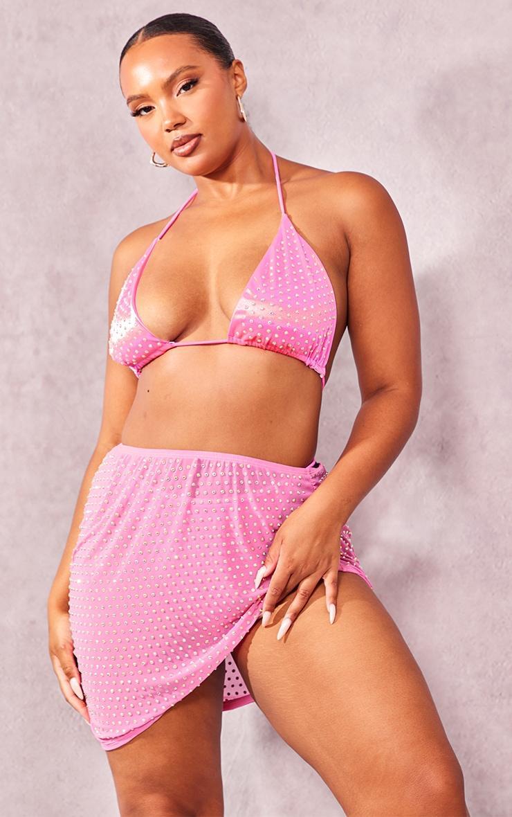 Plus Pink Diamante Mesh Ruched Beach Skirt Product Image