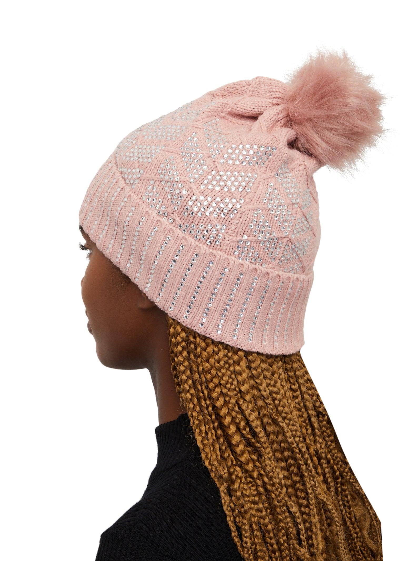 Womens Rhinestone Faux Fur Pom Pom Beanie product image