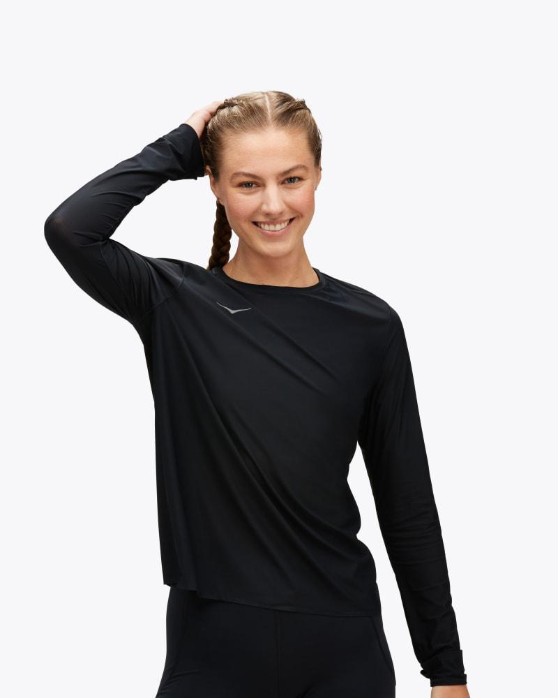 HOKA Womens Airolite Run Long Sleeve Shirt in Black, Size Small Product Image