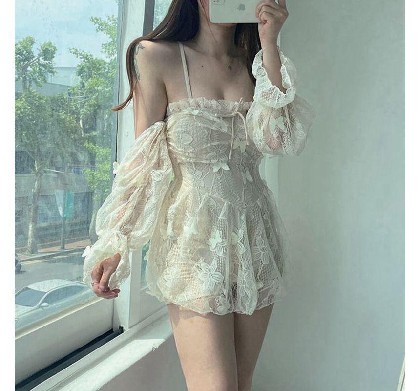 Long-Sleeve Cold Shoulder Butterfly Applique Lace Swimsuit Product Image