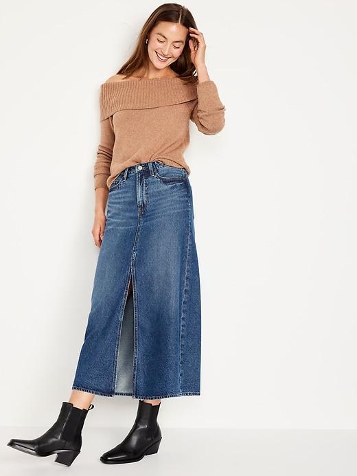 High-Waisted Jean Midi Skirt Product Image