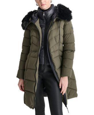 Women's Bibbed Faux-Fur-Trim Hooded Puffer Coat Product Image