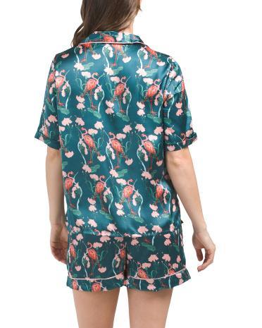 Flamingo Satin Notch Shortie Pajama Set for Women Product Image