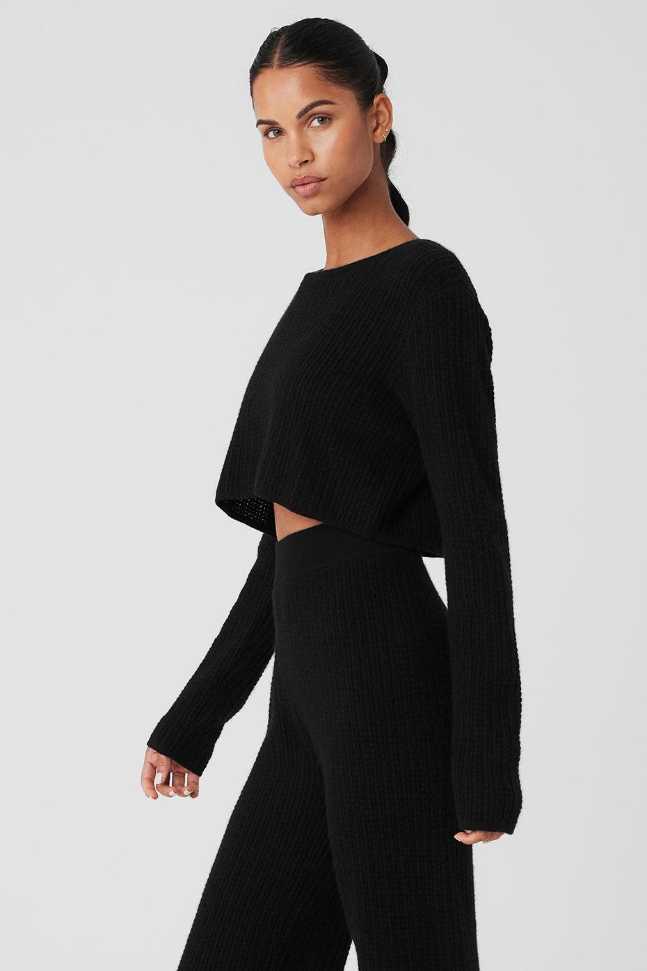 Cashmere Plush Waffle Cropped Long Sleeve - Black Product Image