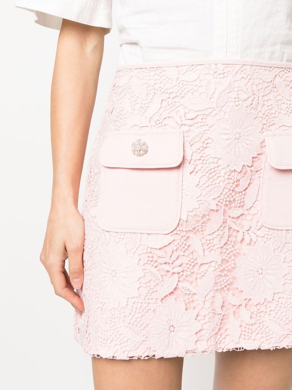 Crystal Embellished Flap Pocket Guipure Lace Mini Skirt In Pink Product Image