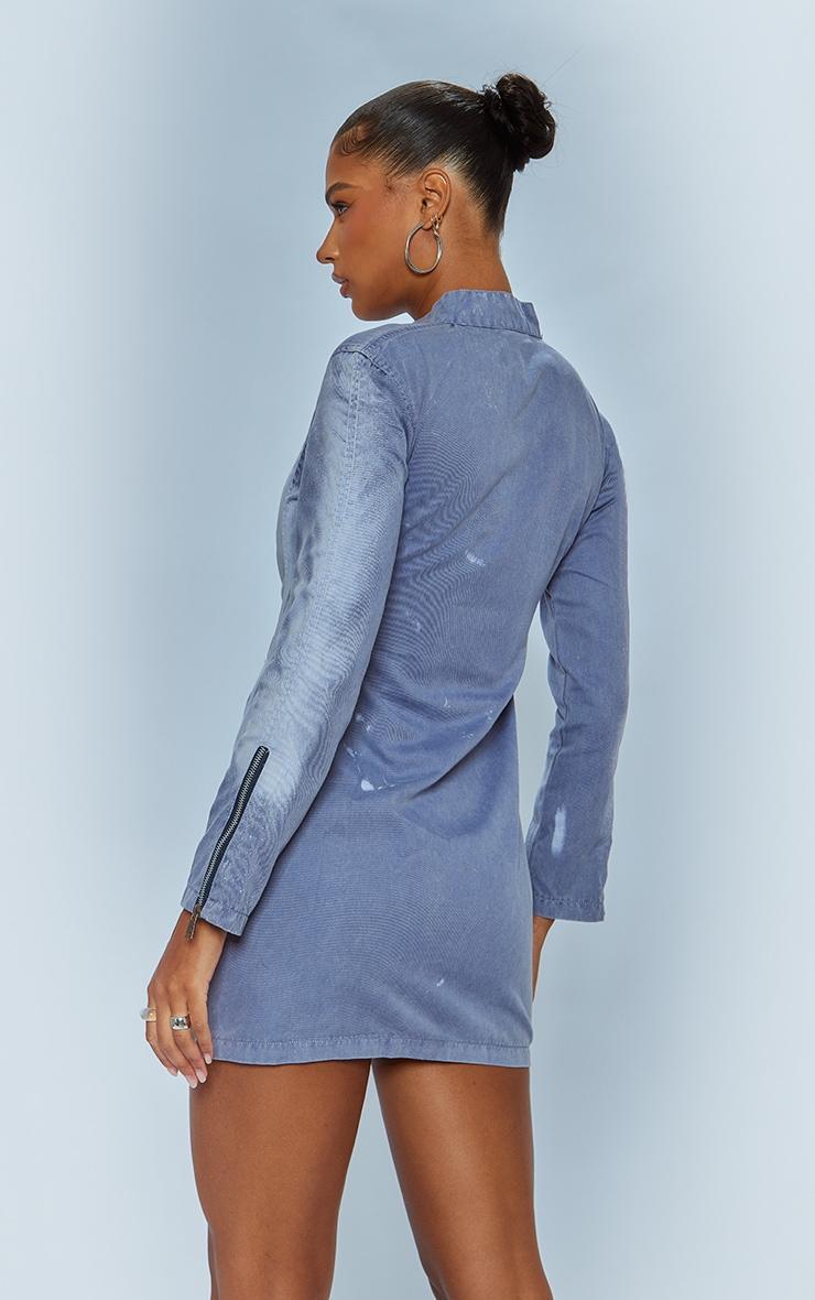 Blue Acid Wash Zip Up Long Bodycon Dress Product Image