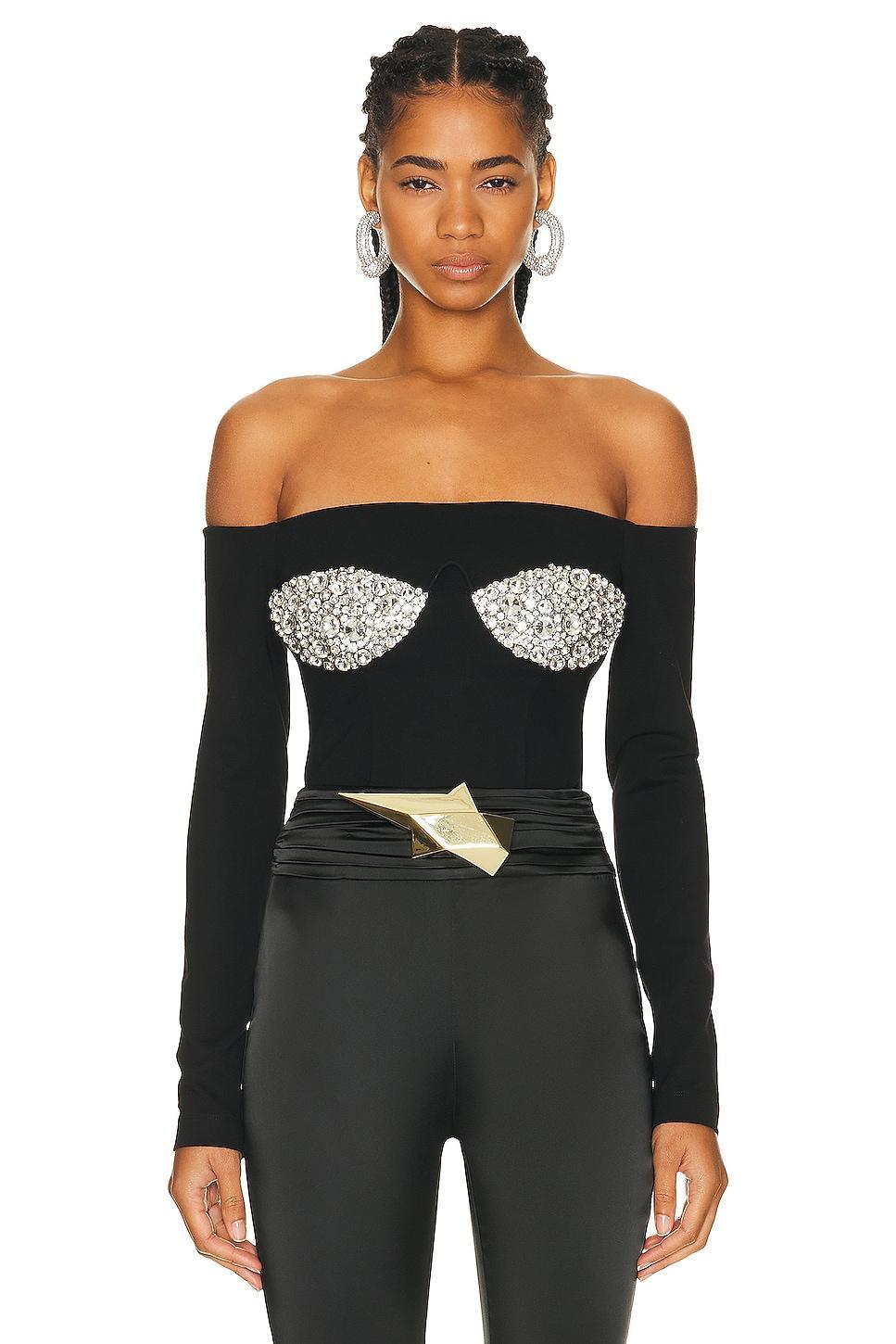 AREA Off Shoulder Crystal Cup Bustier Top Black. (also in ). Product Image