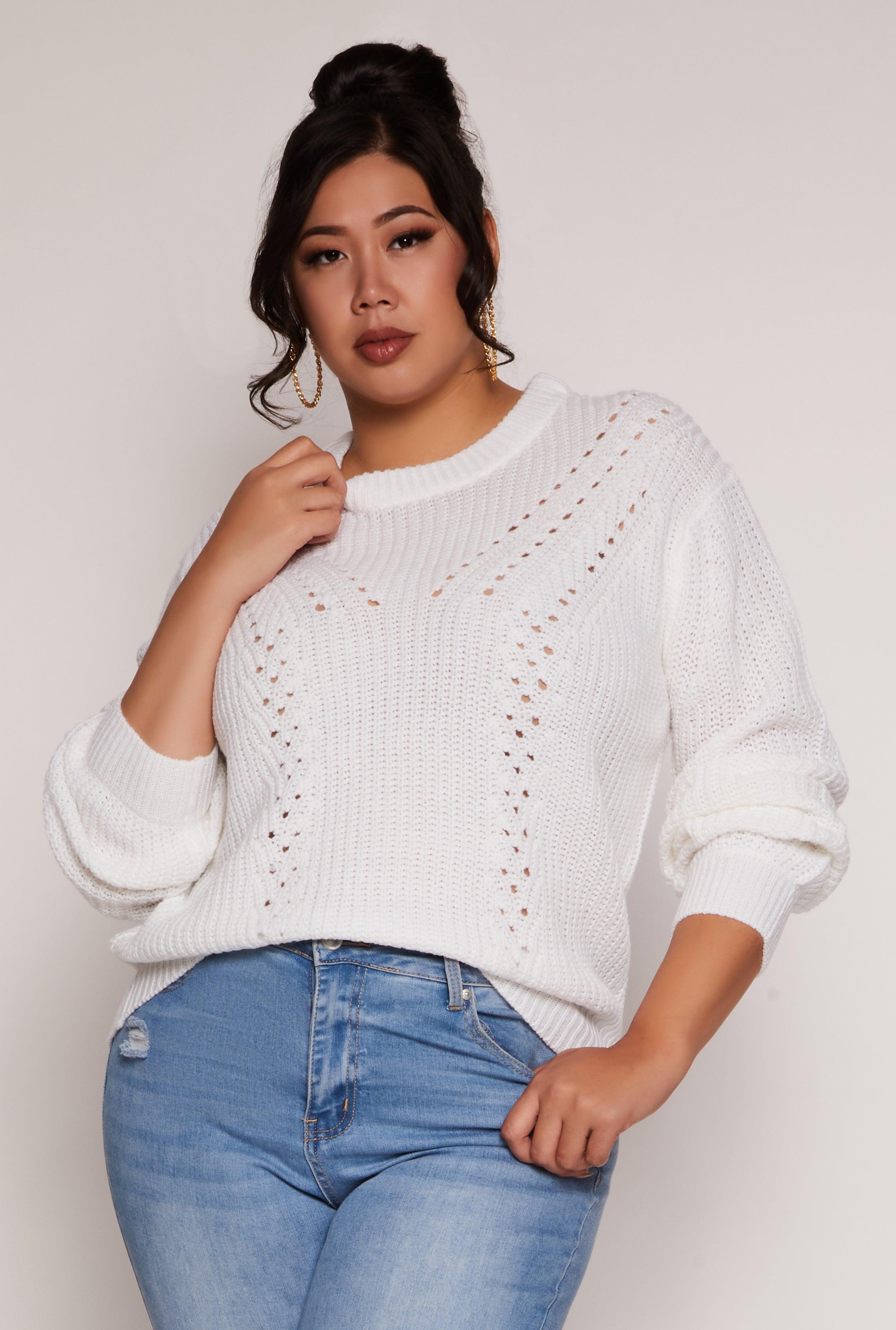 Womens Plus Size Pointelle Knit Crew Neck Sweater Product Image