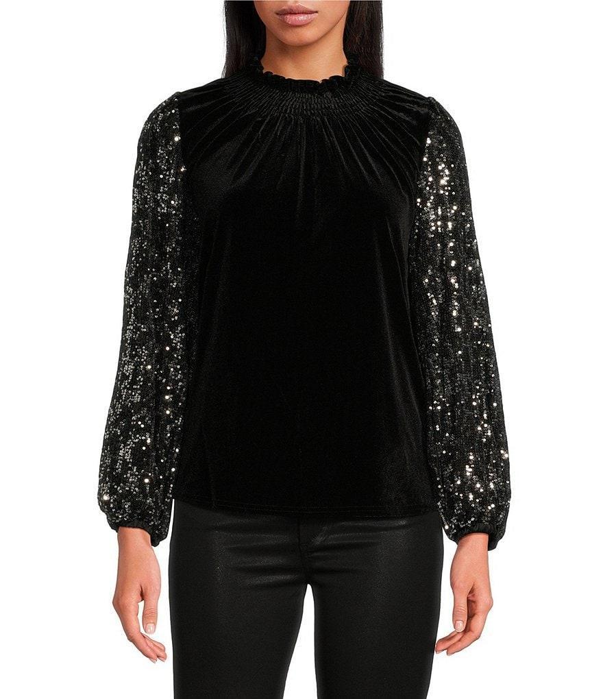 Sugarlips Destine City Michelle Velvet Leopard Sequin Mock Neck Long Sleeve Top Product Image