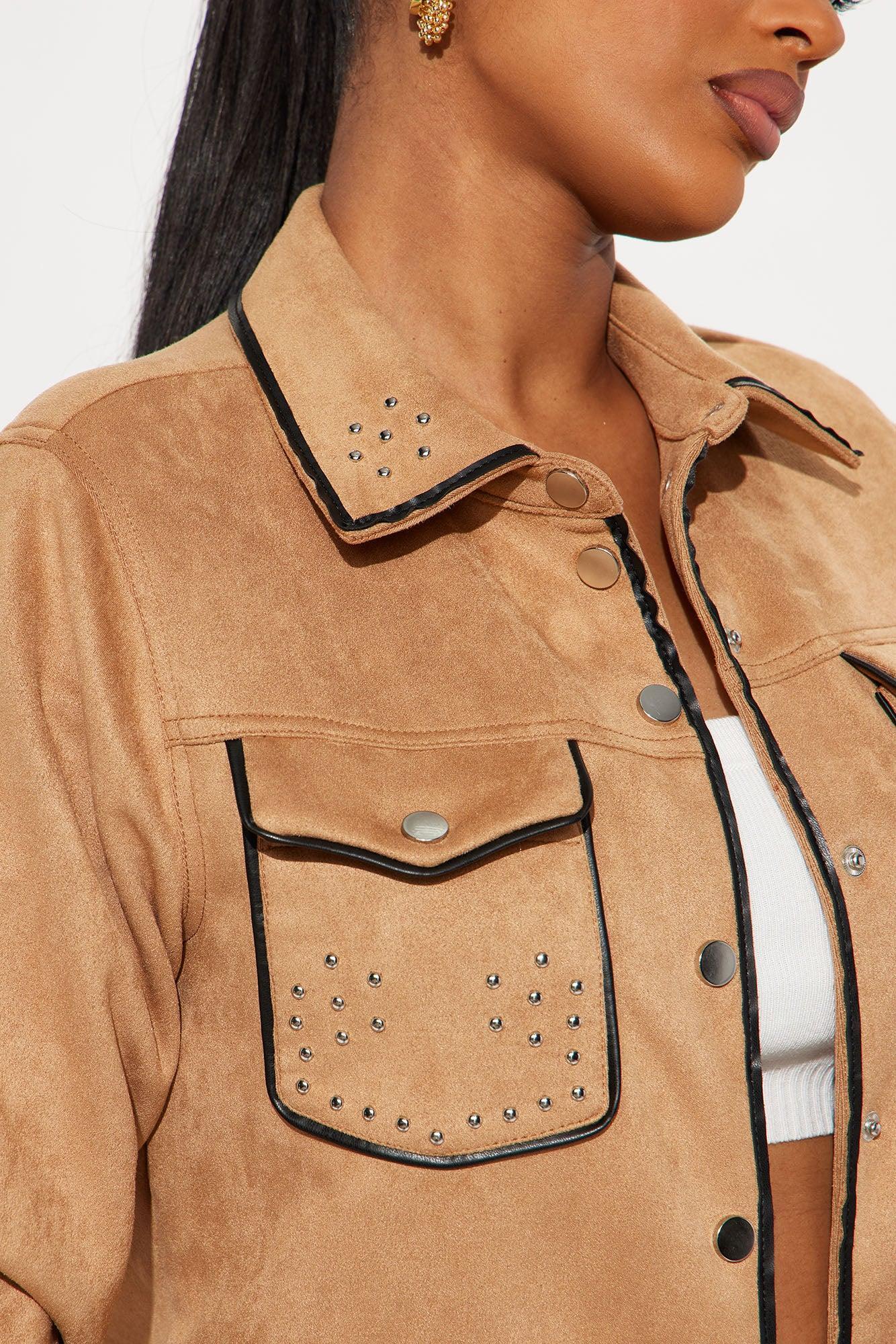 Wyld Studded Faux Suede Shirt - Camel/combo Product Image