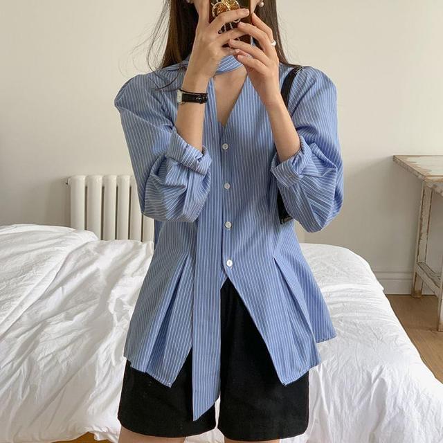 Long Sleeve V-Neck Striped Blouse Product Image